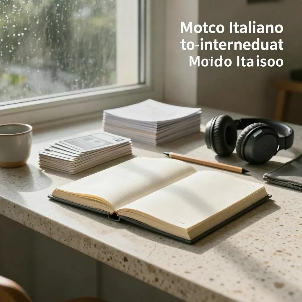 Kit studio italiano su pietra chiara con quaderno, flashcard, dispense, cuffie e tazza.