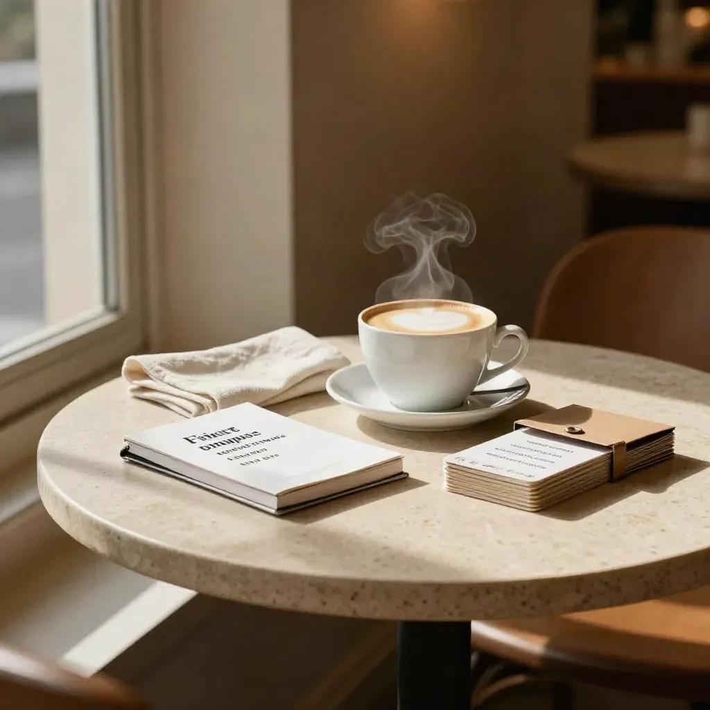 Tavolo da caffè in un locale luminoso con cappuccino, quaderno chiuso e flashcard pronte.