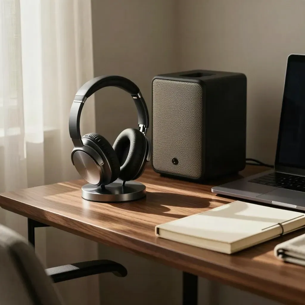 Angolo home office con cuffia dockata, speaker, laptop chiuso e quaderno chiuso, luce calda.