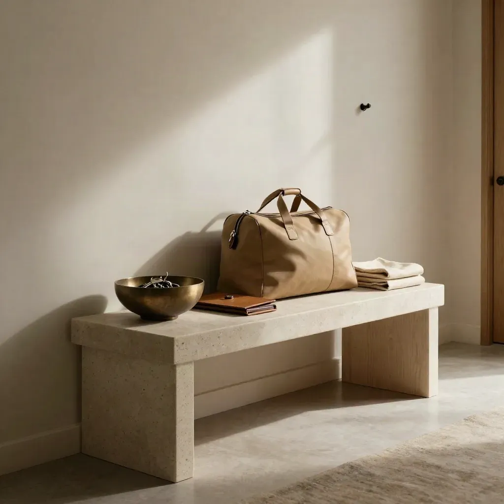 Corridoio d’ingresso con console, bacinella per chiavi, borsa leggera e cartella documenti.