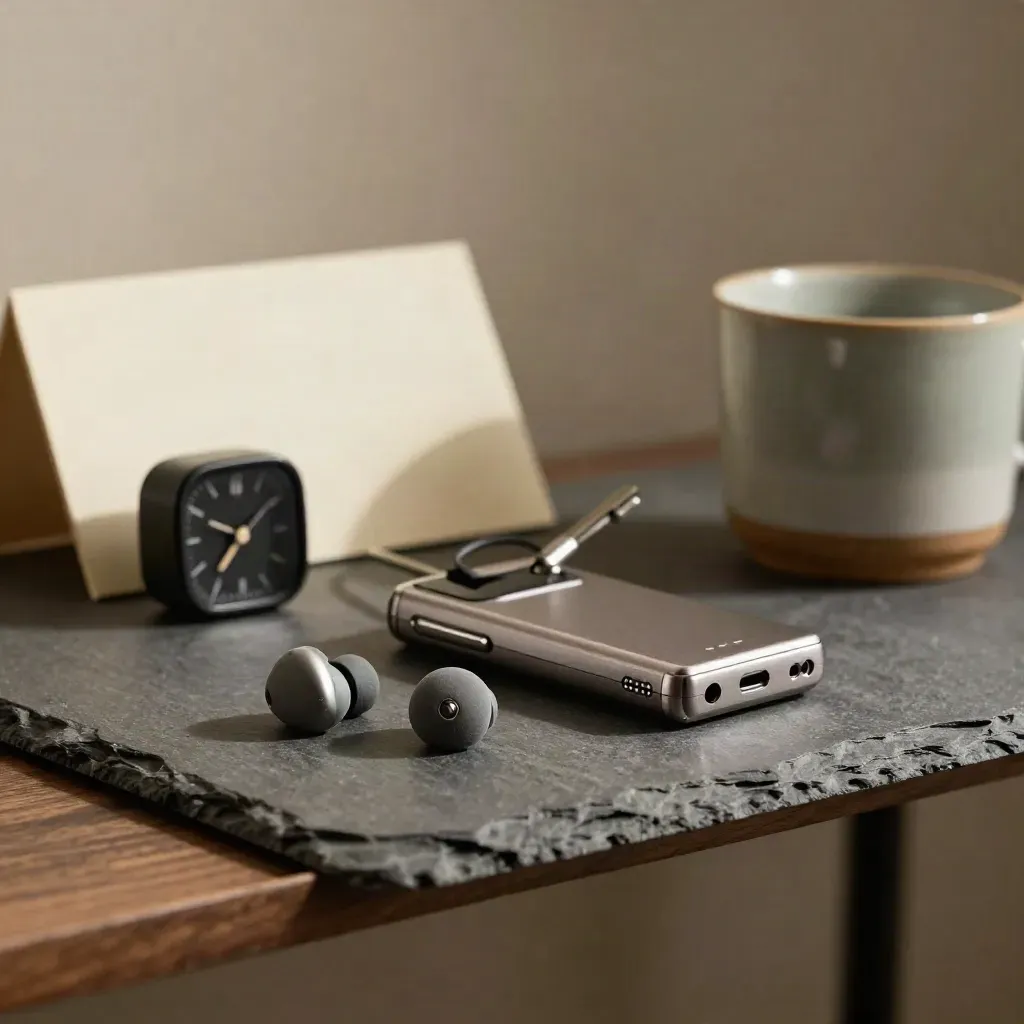 Auricolari, registratore vocale, timer e tazza opaca su ardesia, in luce drammatica.