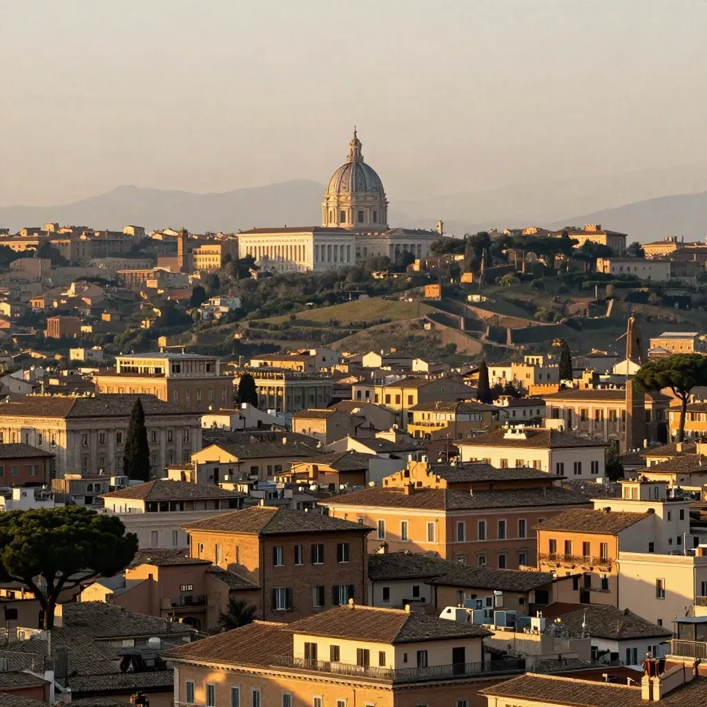 Panorama dorato di Roma e colline del Lazio, con cupola alta e tetti morbidi nel pomeriggio.