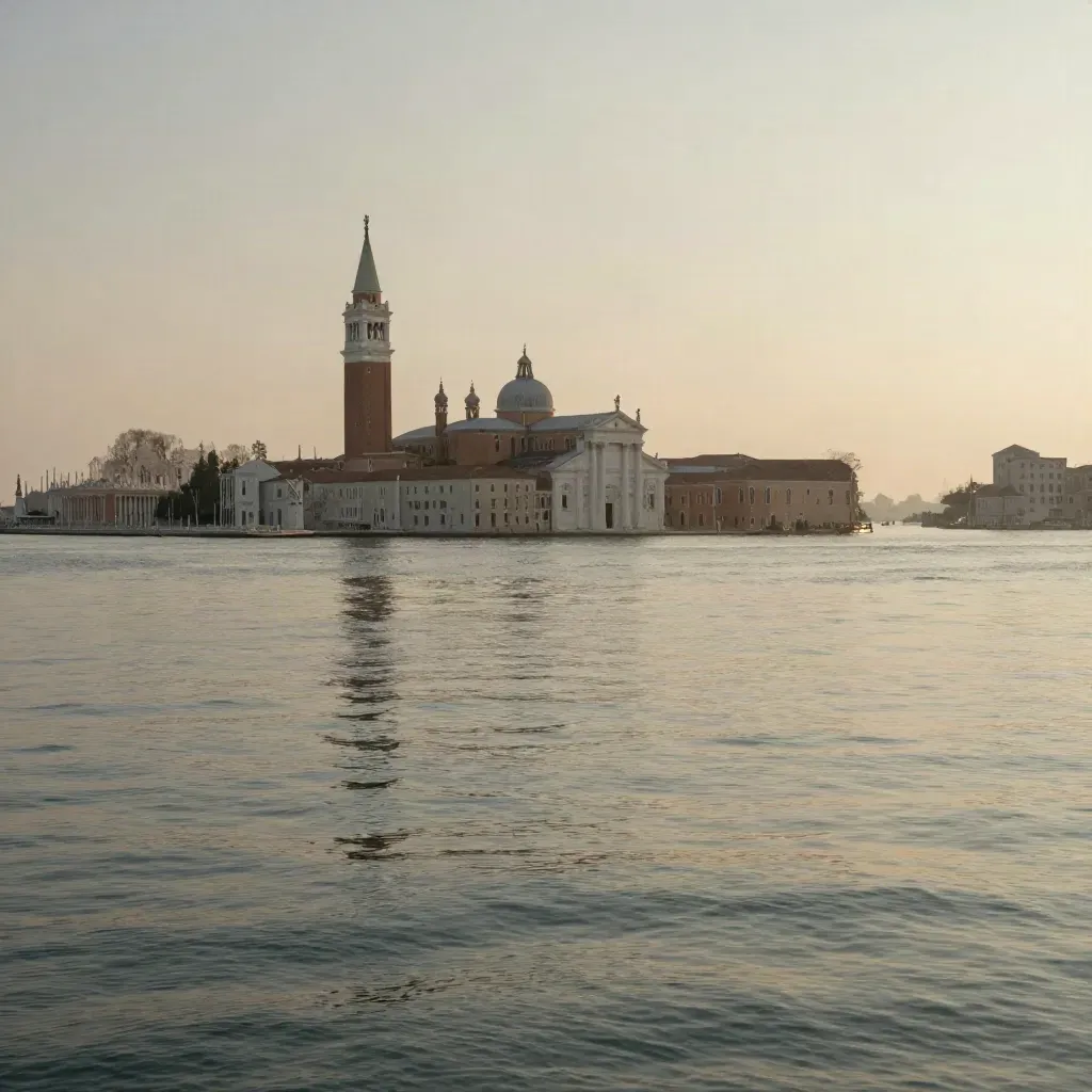 Laguna di Venezia all’alba con campanile lontano e acqua calma